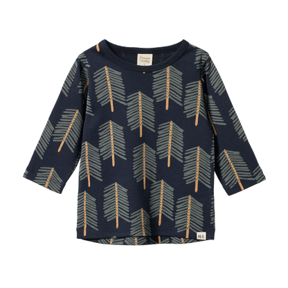 Navy blue long-sleeve shirt with arrow pattern on a white background