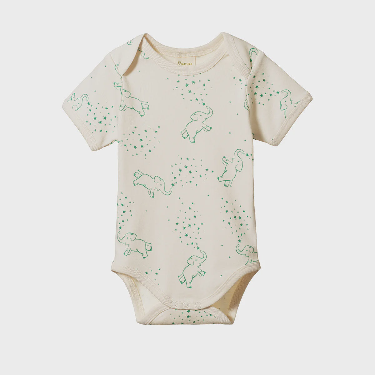 Baby onesie with green elephant pattern on a white background