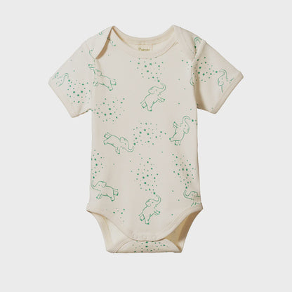 Baby onesie with green elephant pattern on a white background