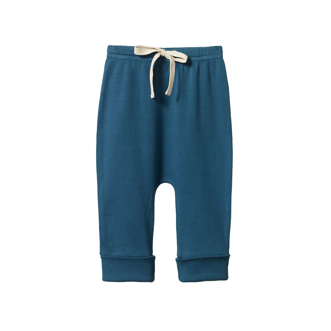 Blue baby pants with a beige drawstring on a white background