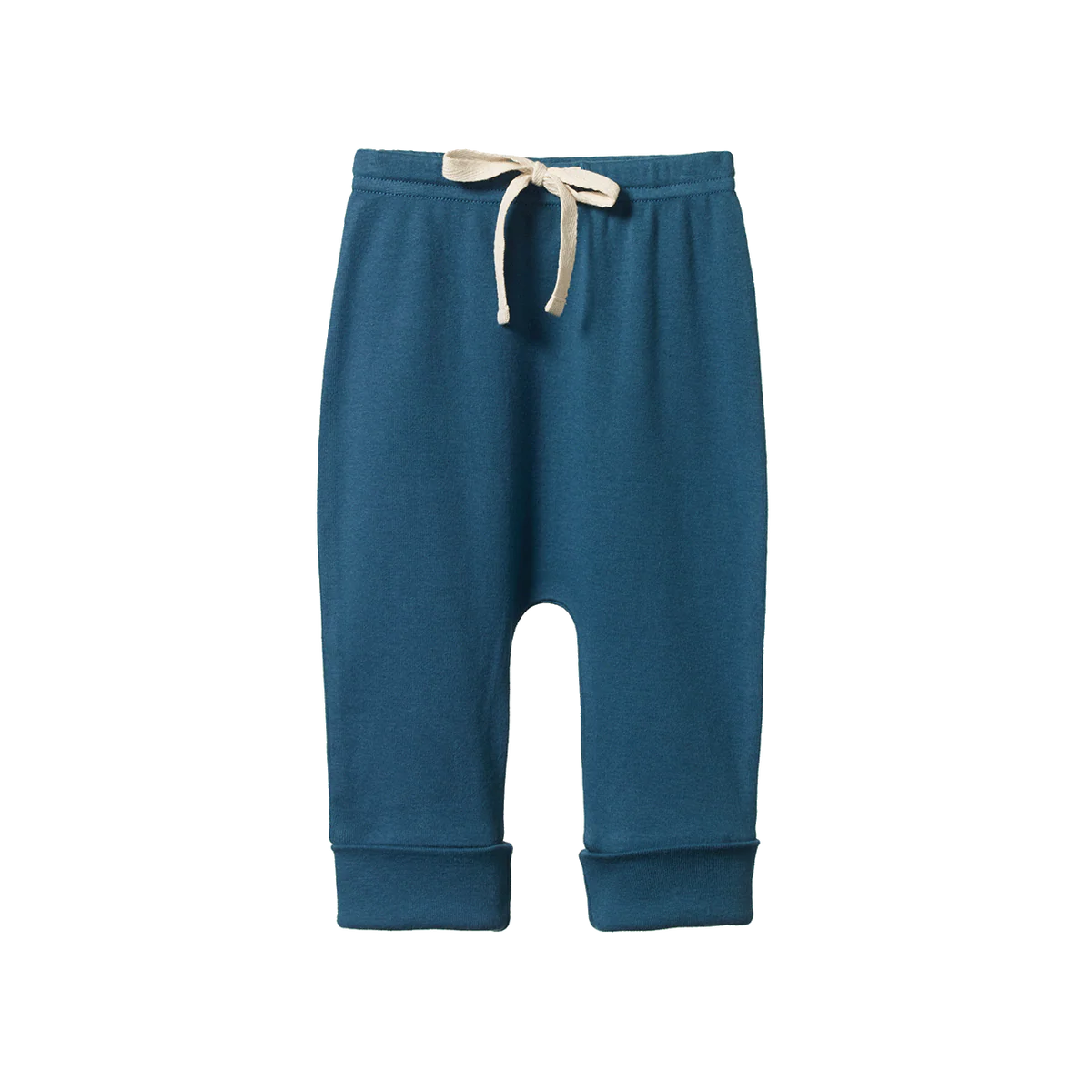 Blue baby pants with a beige drawstring on a white background