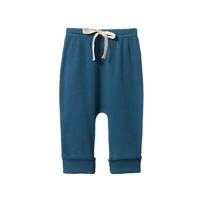 Blue baby pants with a beige drawstring on a white background