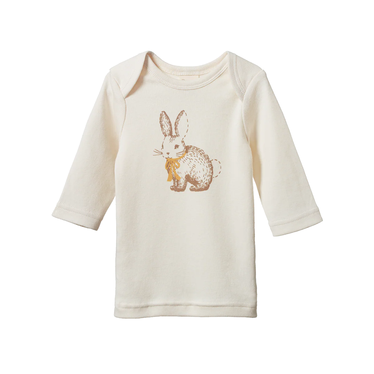 White long-sleeve baby shirt with a bunny graphic on a white background