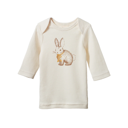 White long-sleeve baby shirt with a bunny graphic on a white background