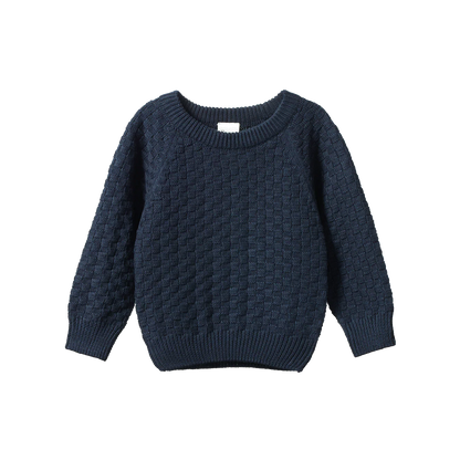 Navy blue knitted sweater on a white background