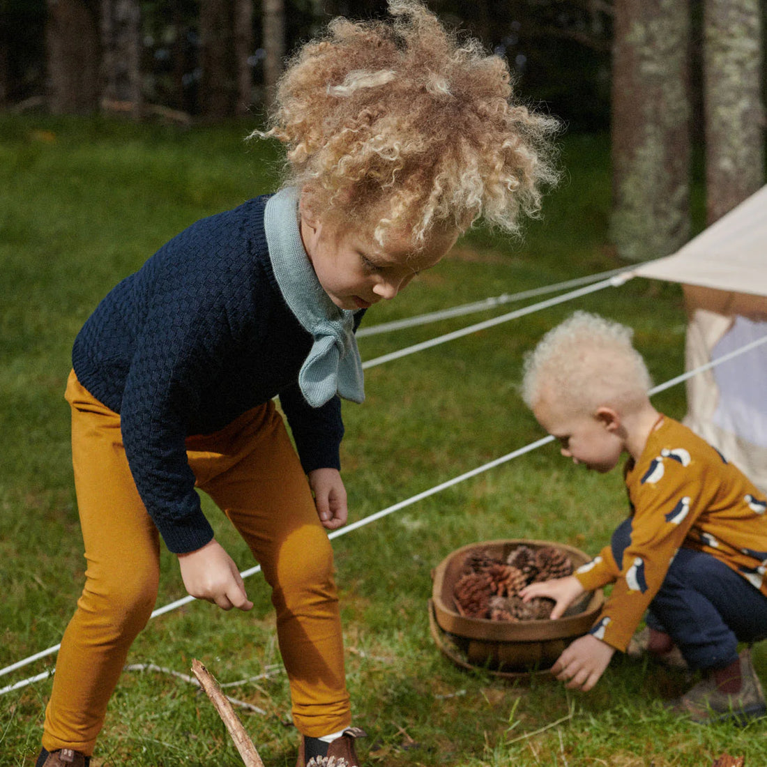 Two children playing outdoors with a basket of pinecones in a grassy area.