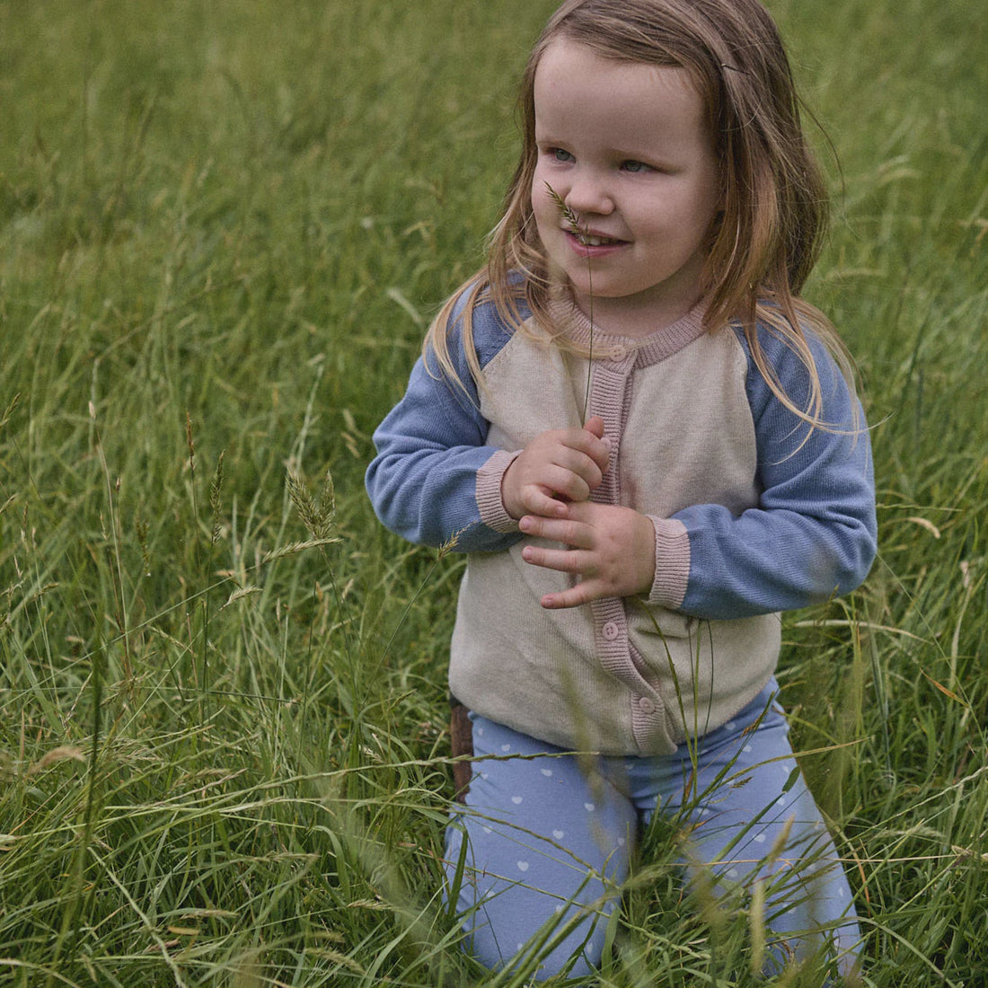 Child in a grassy field holding a plant