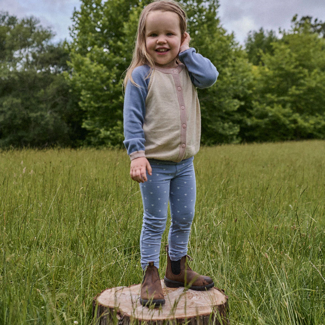 Child standing on a tree stump in a grassy field with trees in the background