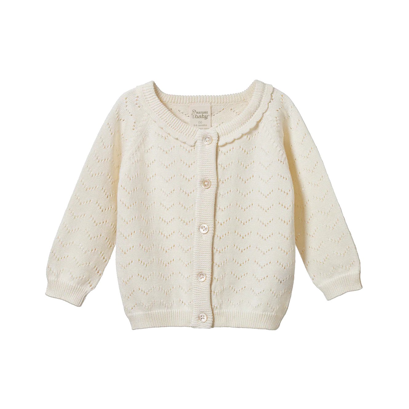 Cream-colored baby cardigan on a white background
