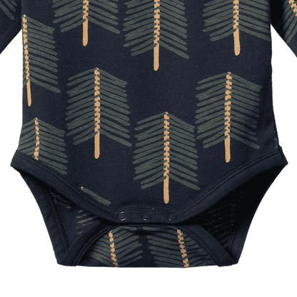 Navy blue baby onesie with arrow pattern on a white background