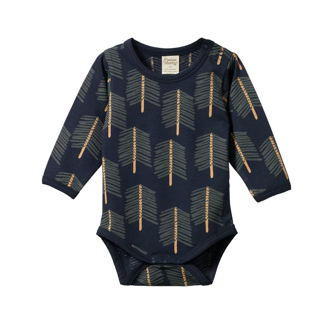 Navy baby onesie with arrow pattern on a white background