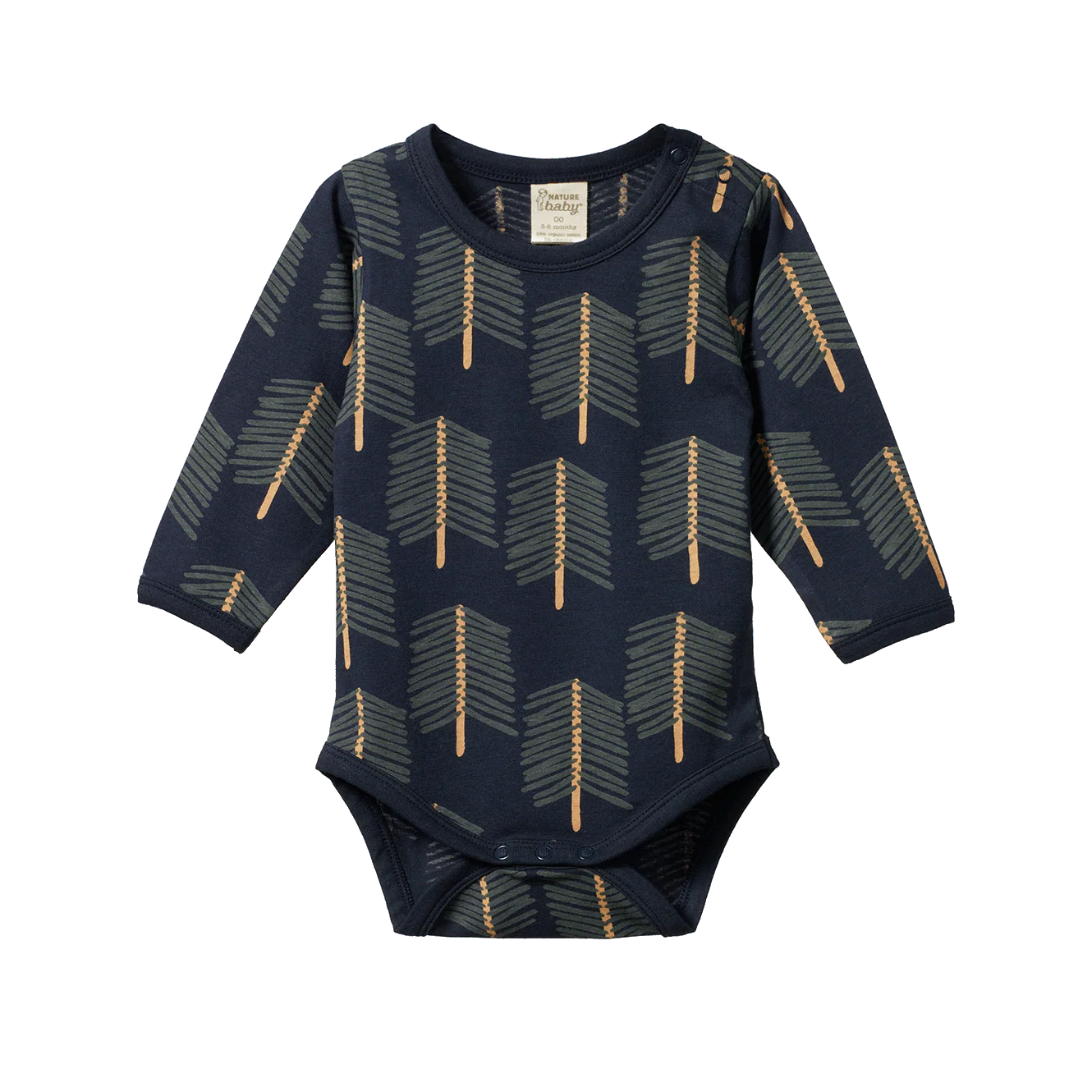 Navy baby onesie with arrow pattern on a white background