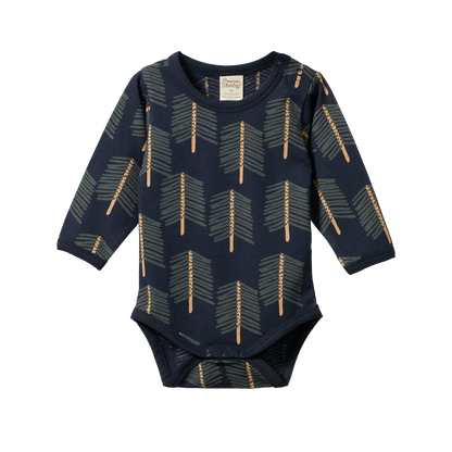 Navy baby onesie with arrow pattern on a white background