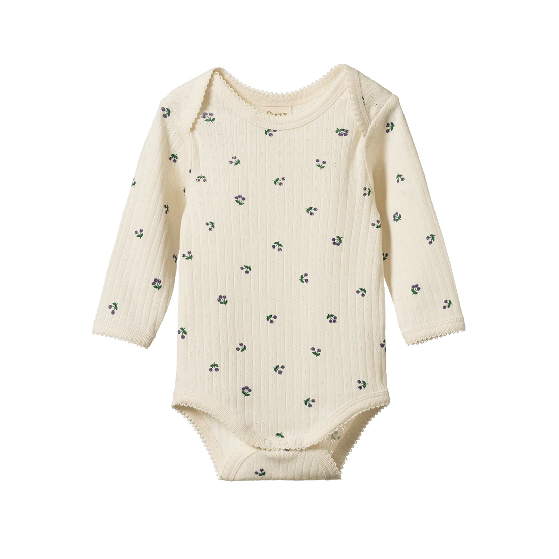Beige baby bodysuit with floral pattern on a white background