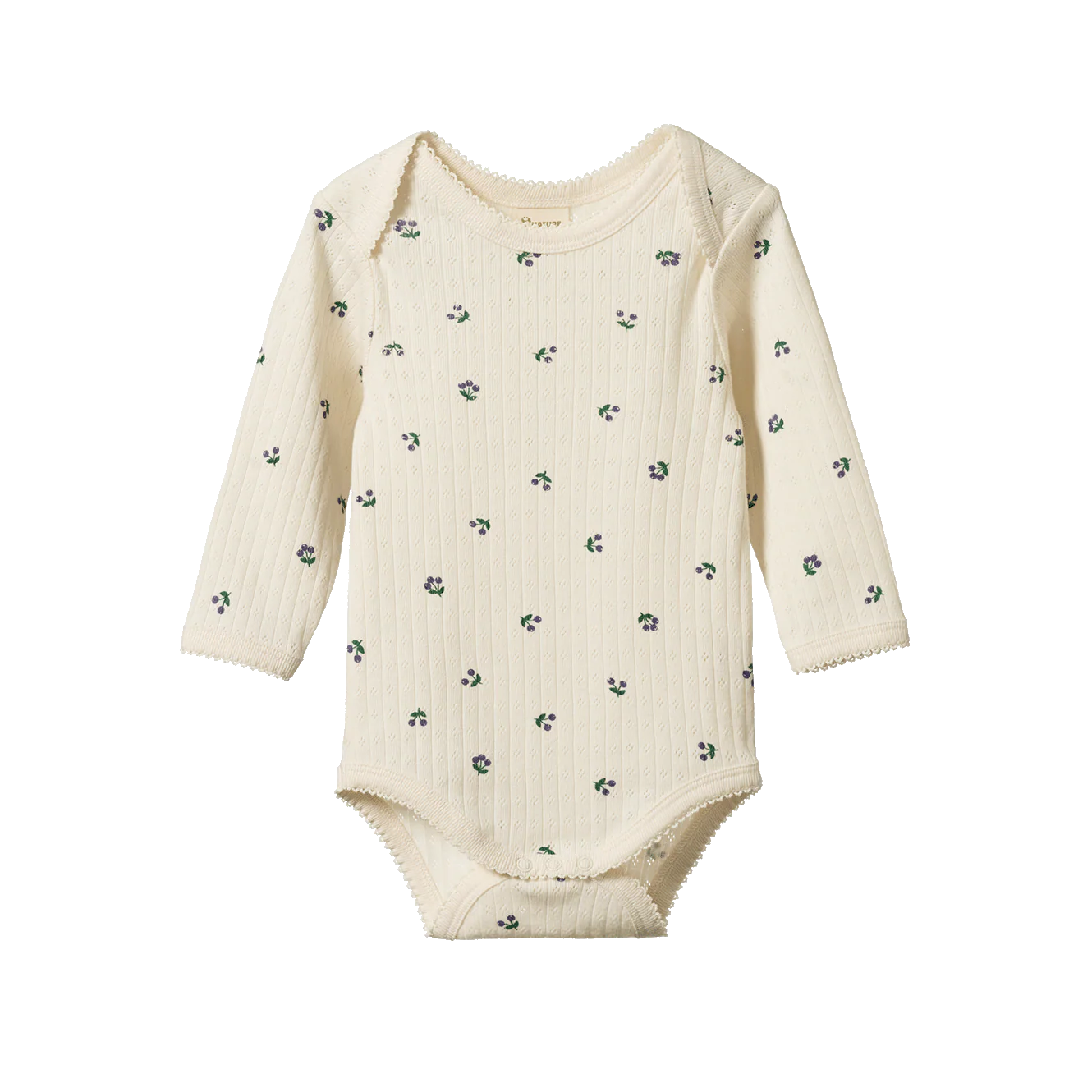 Beige baby bodysuit with floral pattern on a white background