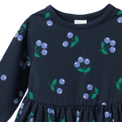 Navy blue dress with blueberry pattern on a white background