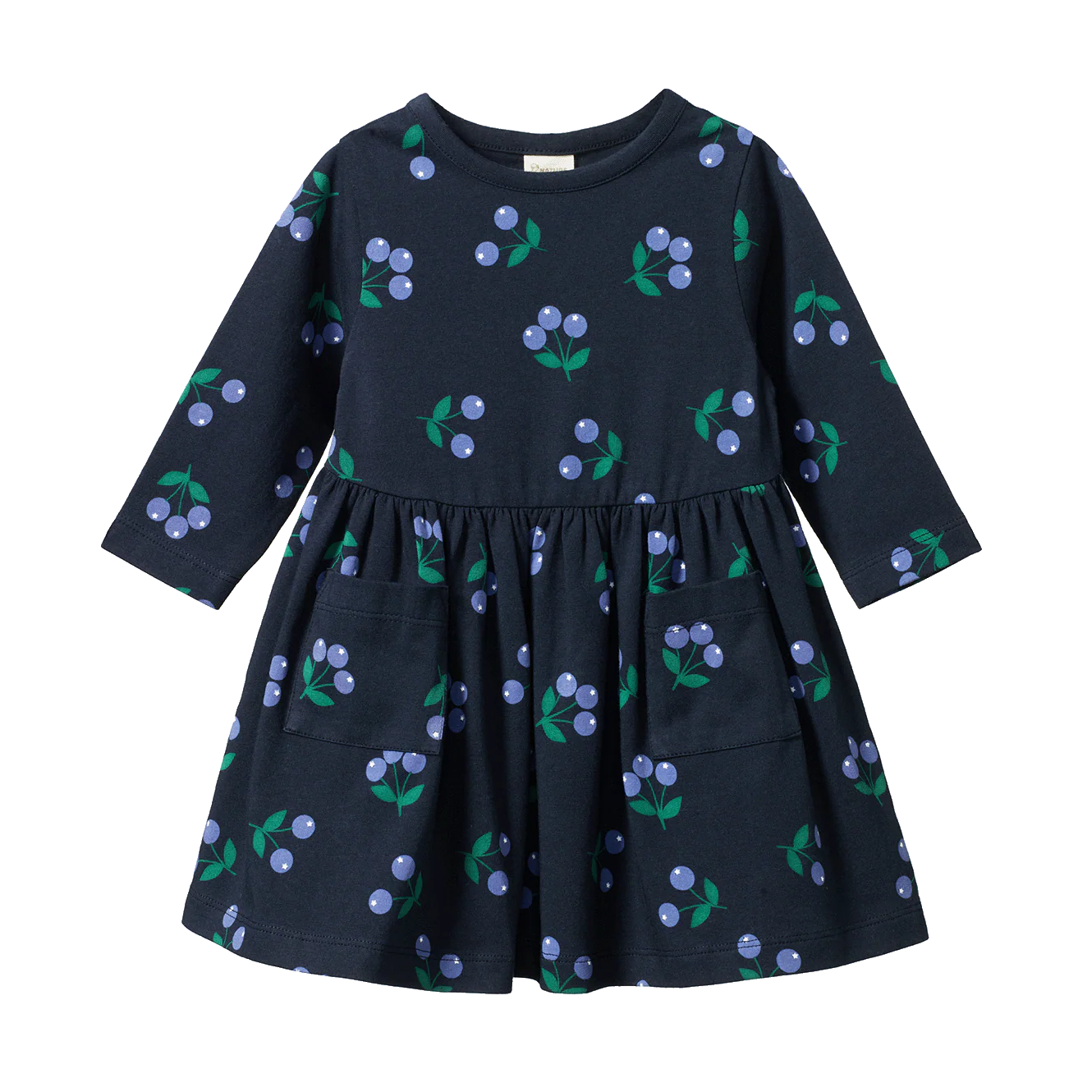 Navy blue dress with floral pattern on a white background