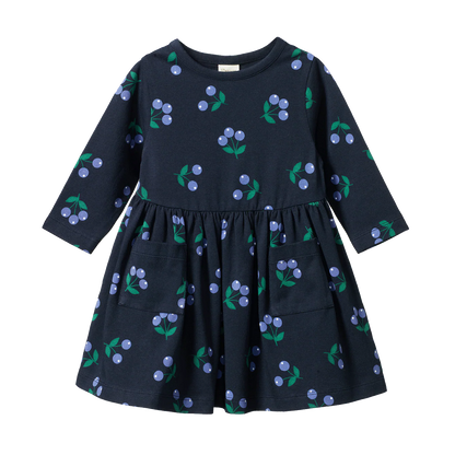 Navy blue dress with floral pattern on a white background