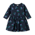 Navy blue dress with floral pattern on a white background