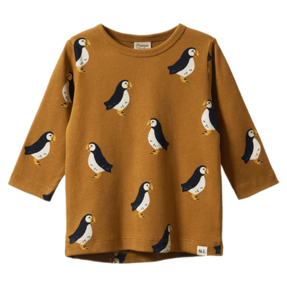Brown sweater with penguin pattern on a white background