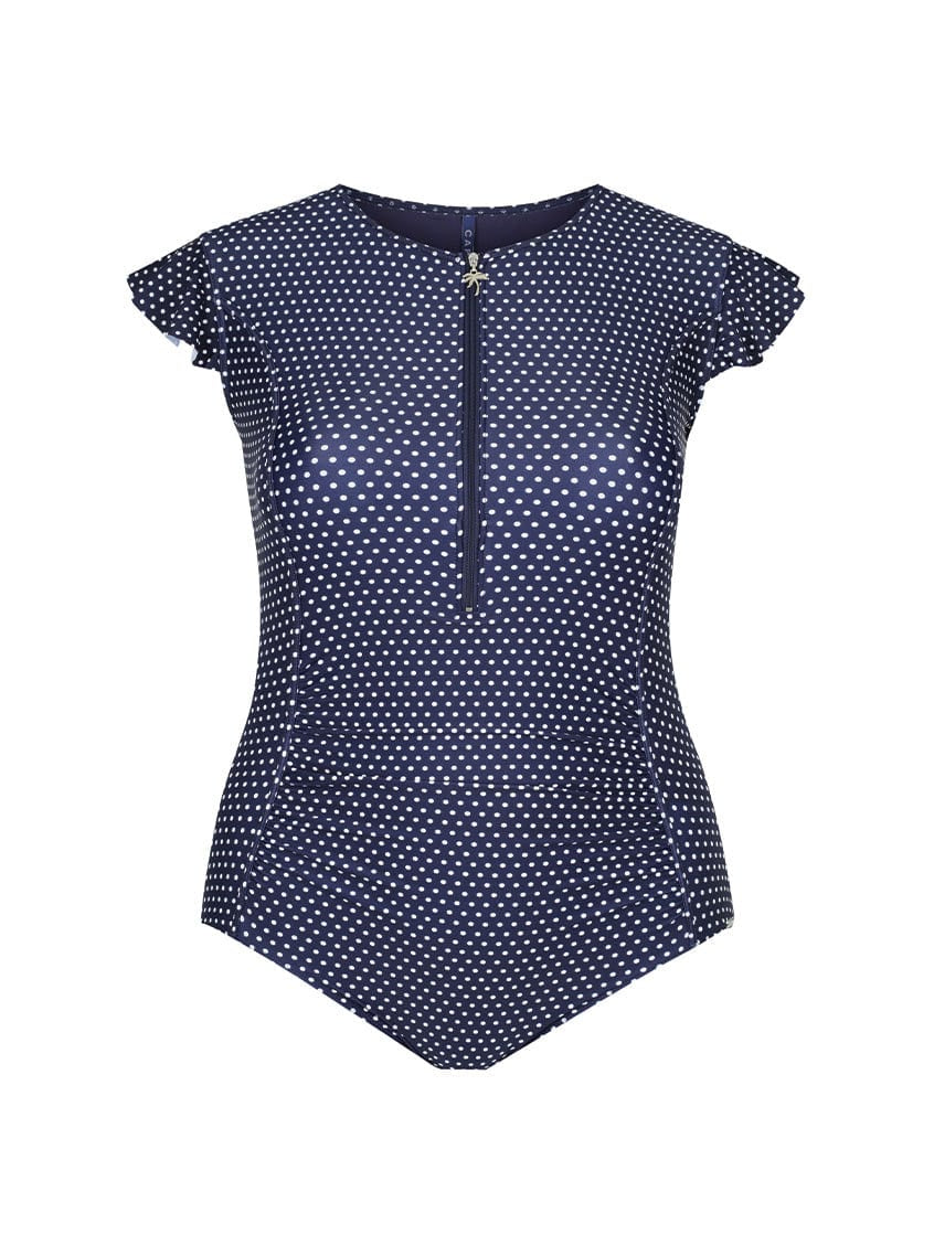 Navy &amp; White Polka Dot Frill Sleeve One Piece