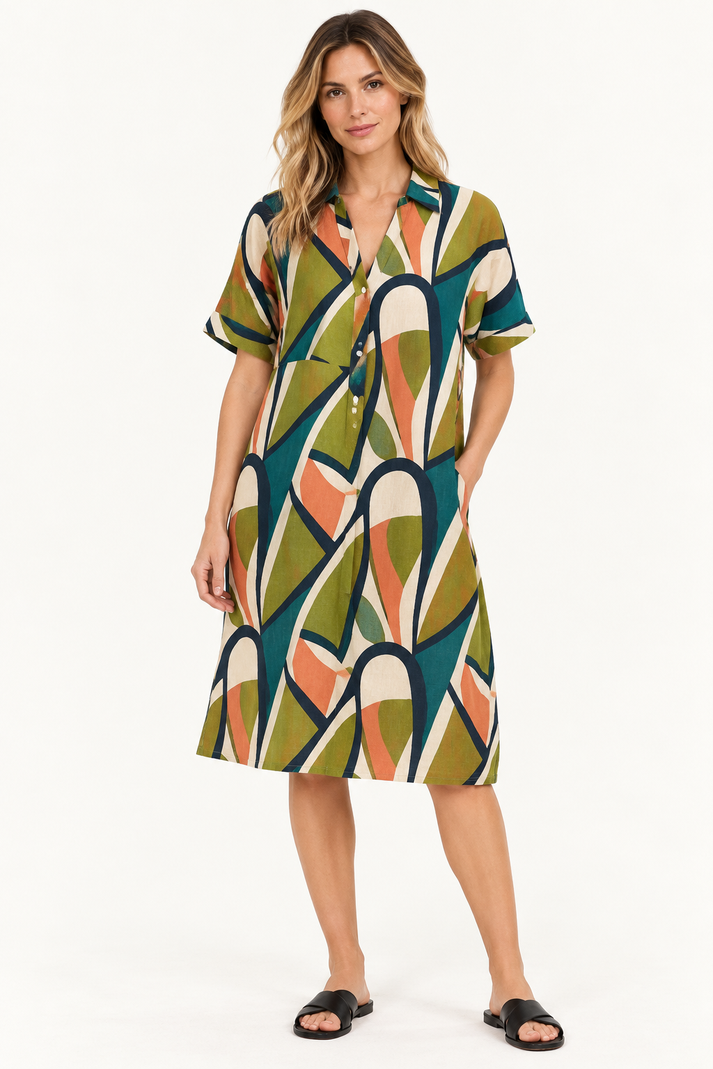 Organic Lines Printed Linen Midi Dress - Corfu