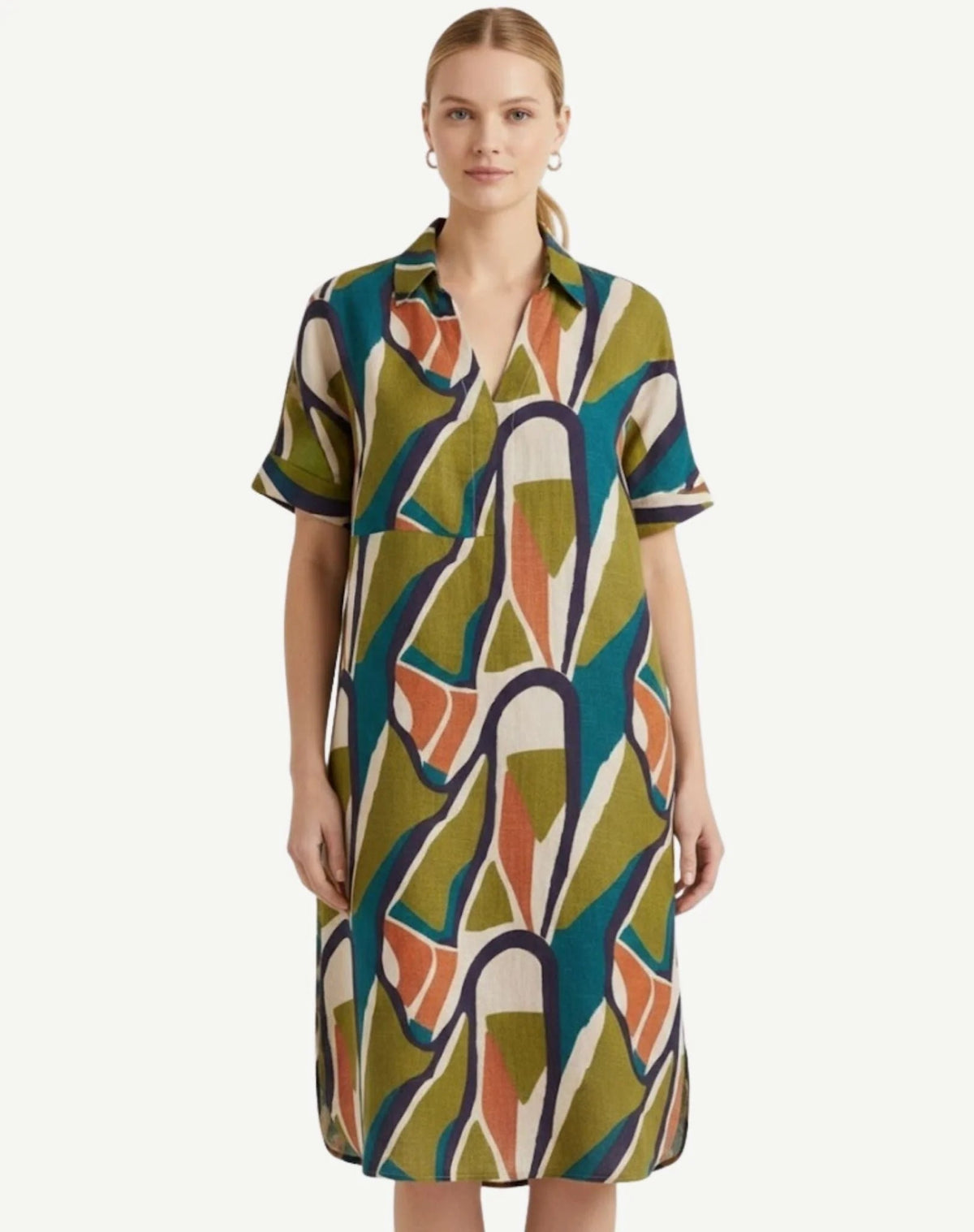 Organic Lines Printed Linen Midi Dress - Corfu