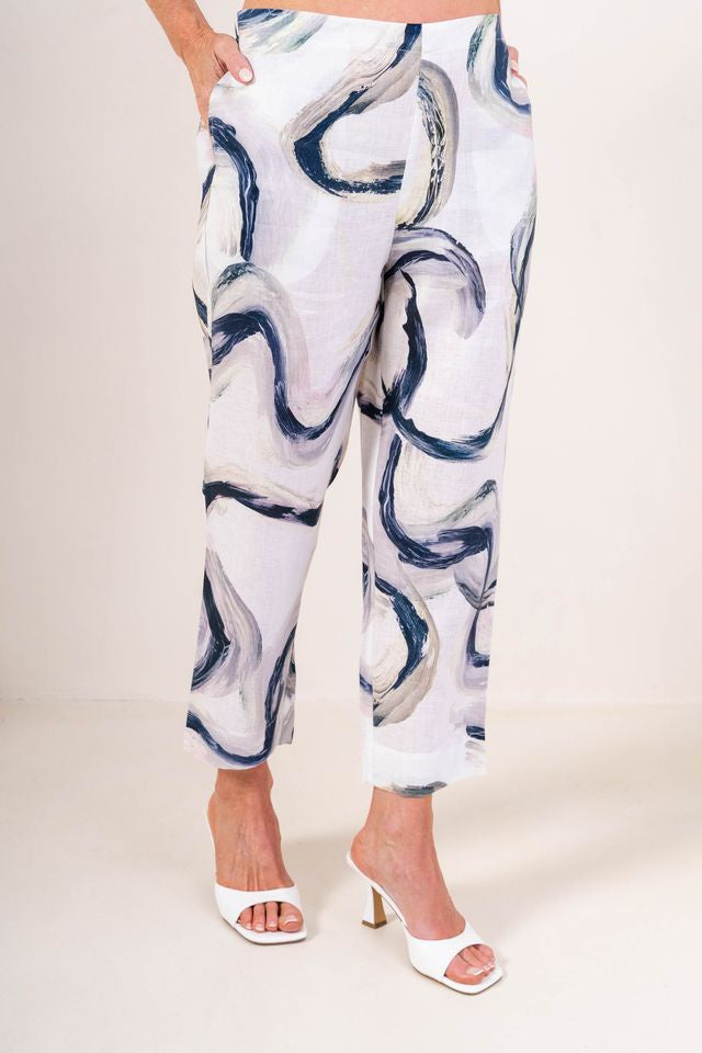 Linen 7/8 Flat Front Pant Riverstone Print - See Saw