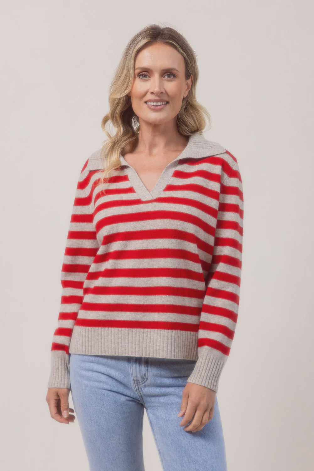 100% Merino Wool Rib Collared Stripe Sweater See Saw