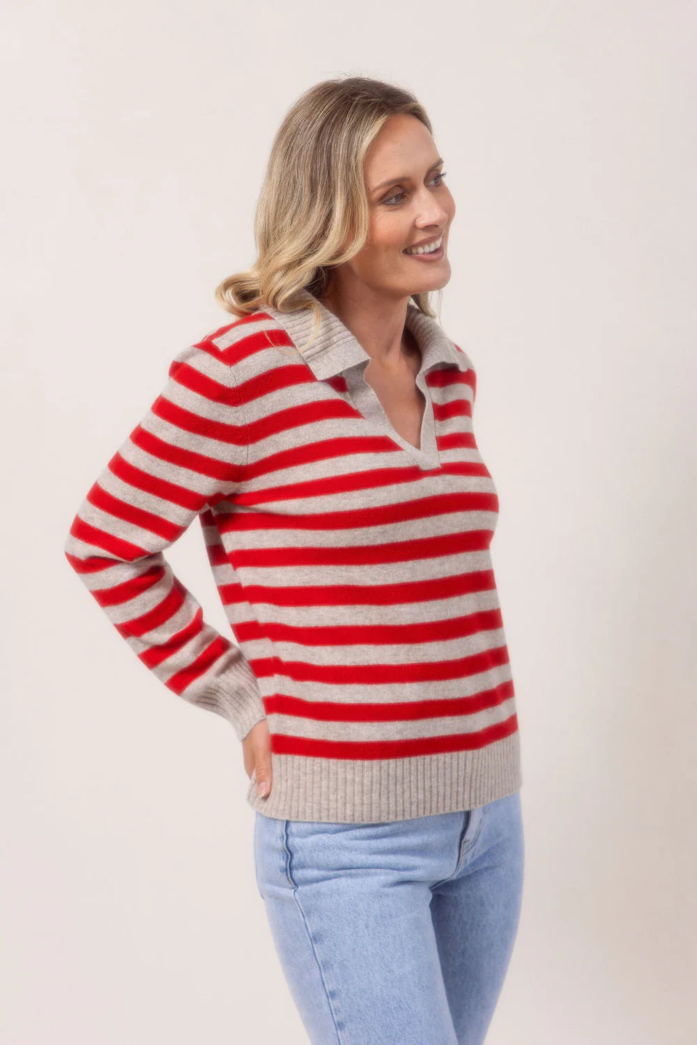 100% Merino Wool Rib Collared Stripe Sweater See Saw