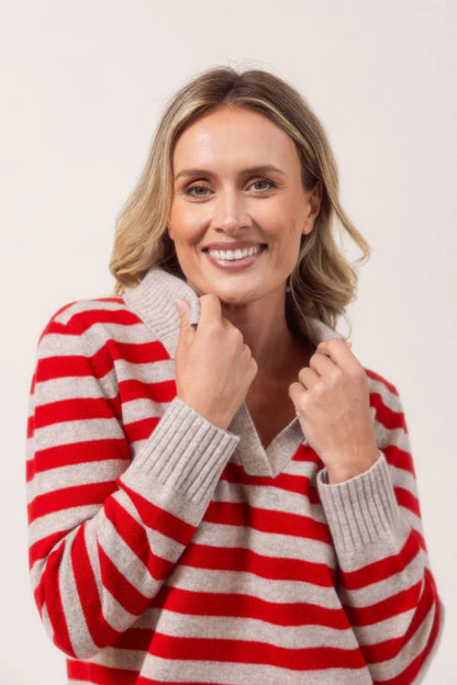 100% Merino Wool Rib Collared Stripe Sweater See Saw