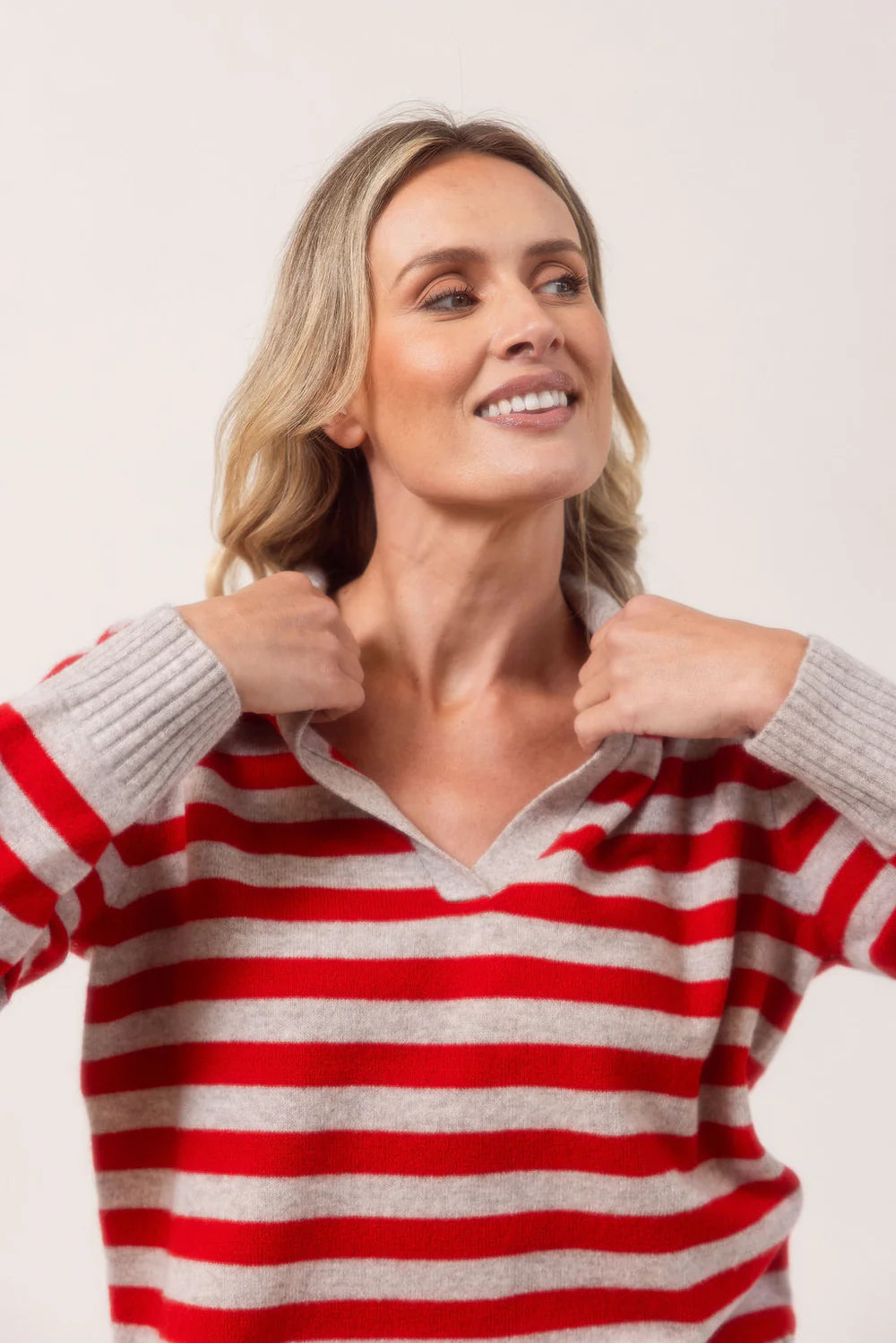 100% Merino Wool Rib Collared Stripe Sweater See Saw