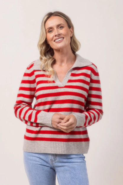 100% Merino Wool Rib Collared Stripe Sweater See Saw