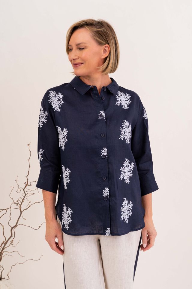 Linen 3/4 Sl Shirt Navy/White Blossom - See Saw