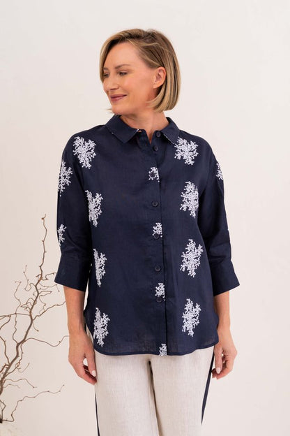 Linen 3/4 Sl Shirt Navy/White Blossom - See Saw