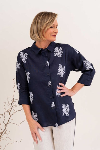 Linen 3/4 Sl Shirt Navy/White Blossom - See Saw