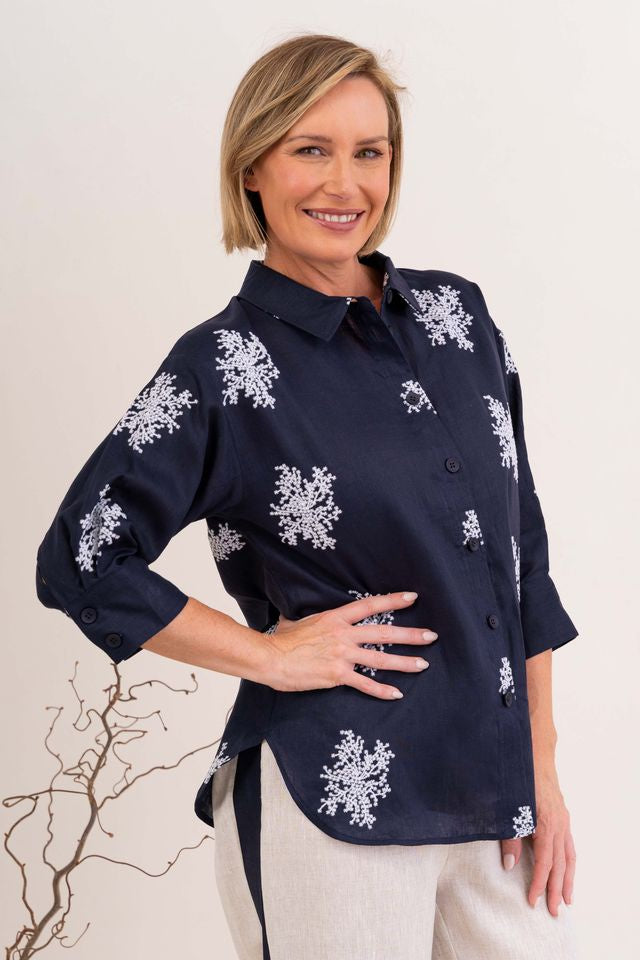 Linen 3/4 Sl Shirt Navy/White Blossom - See Saw
