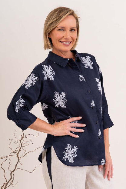 Linen 3/4 Sl Shirt Navy/White Blossom - See Saw