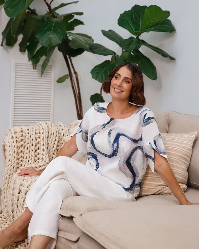 Linen Envelope Sl Top Riverstone Print - See Saw