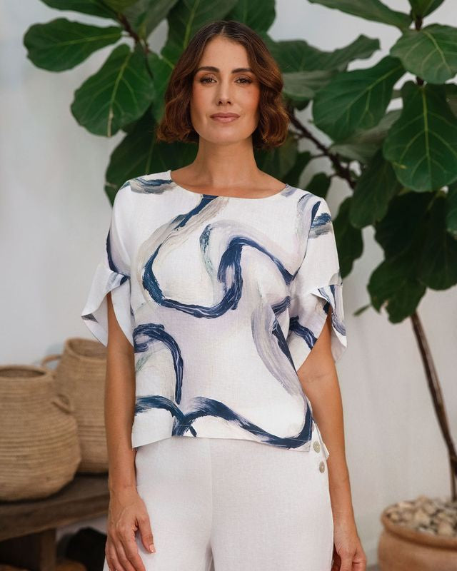 Linen Envelope Sl Top Riverstone Print - See Saw