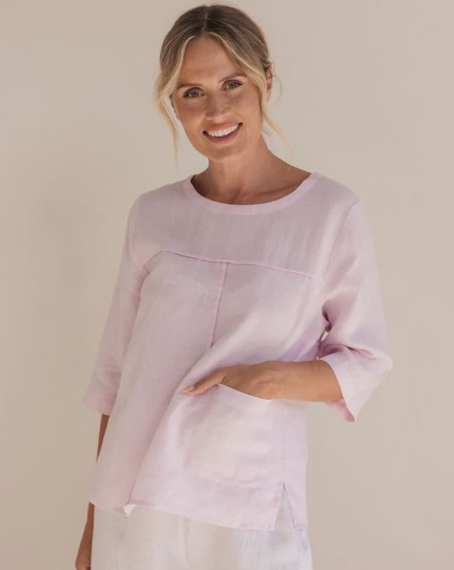 SS327 100% Linen 3/4 Sleeve Seam Detail Top