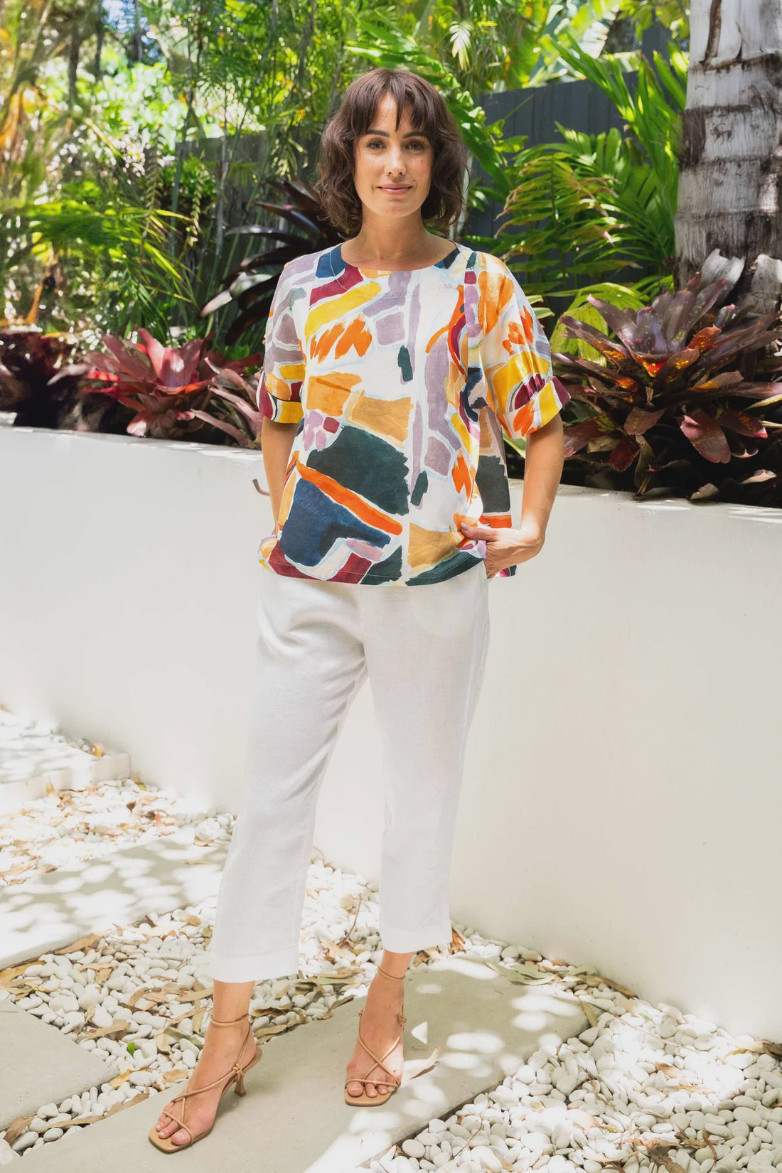 SS441 Tenc/Linen Cuffed Sleeve Round Neck Top