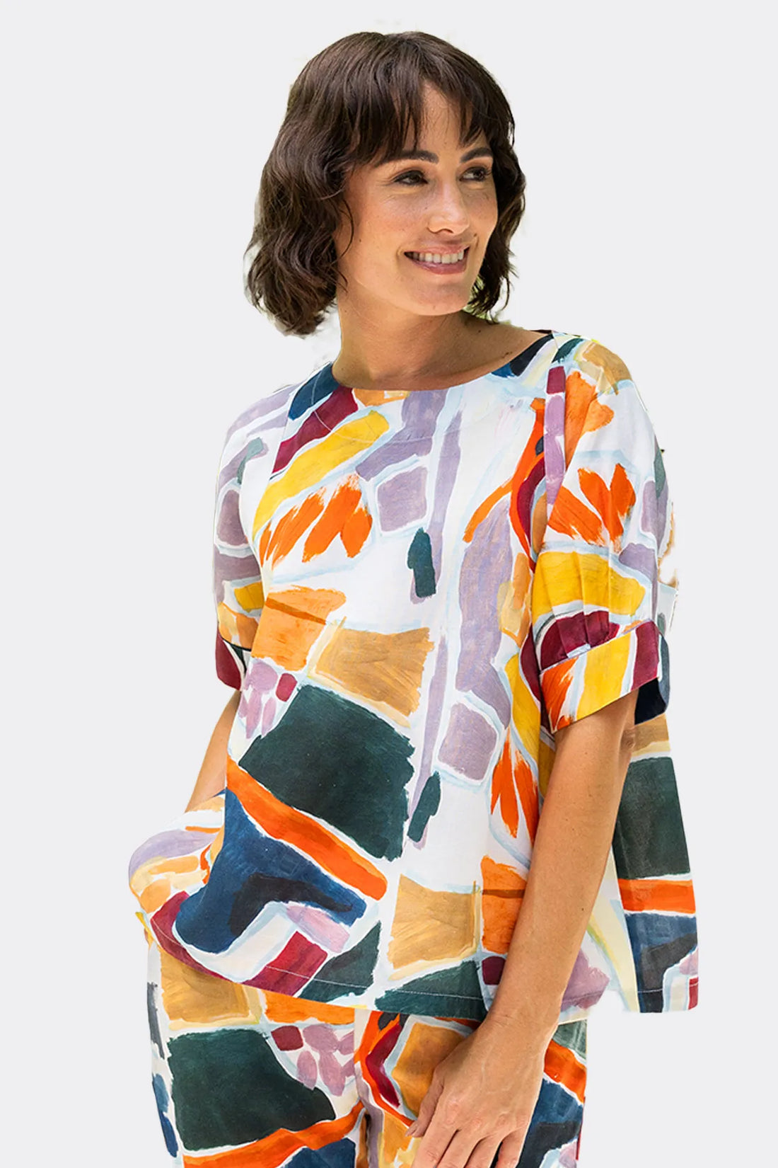 SS441 Tenc/Linen Cuffed Sleeve Round Neck Top