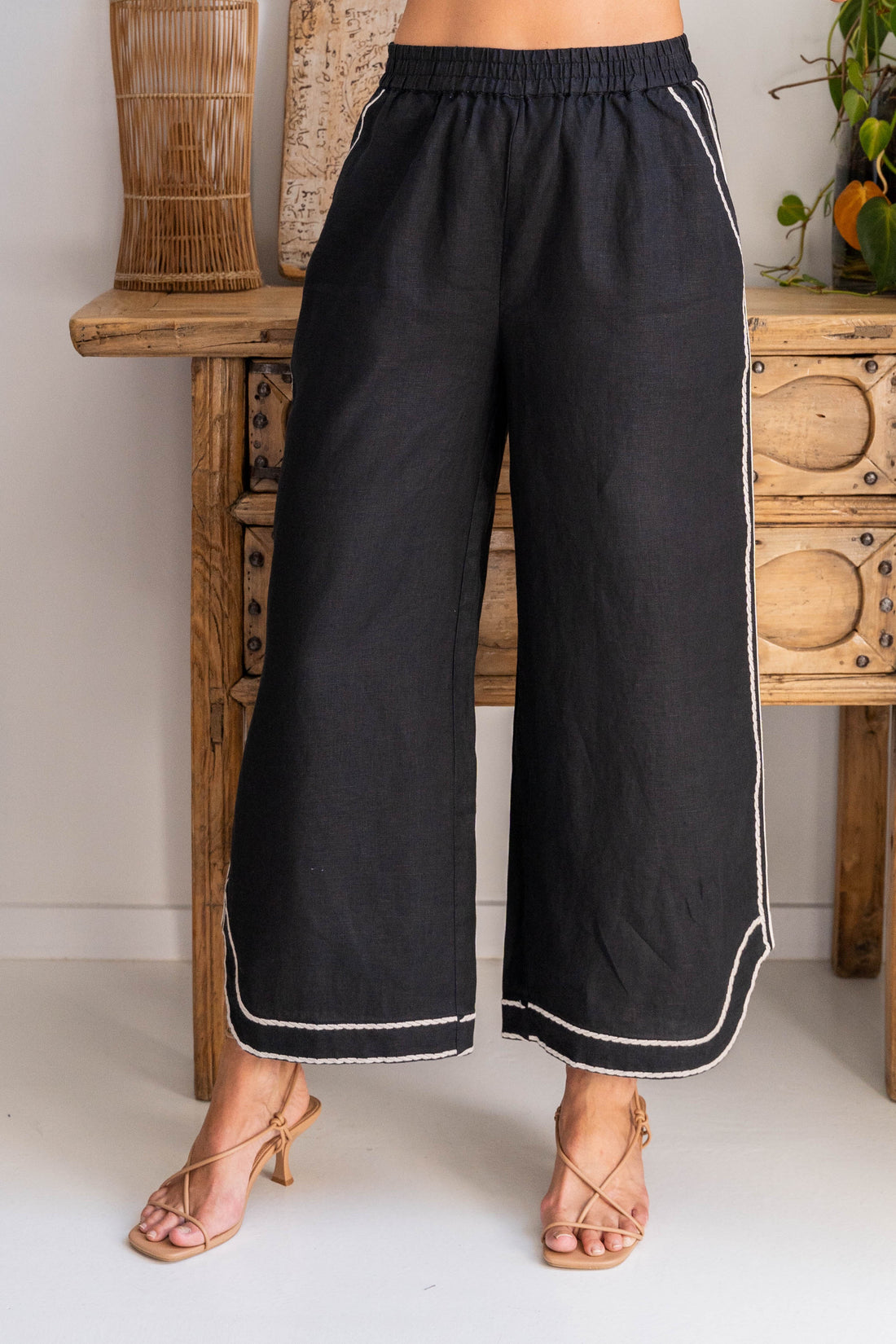 SS368 100% Linen Embroidery Trim Wide Leg Pant