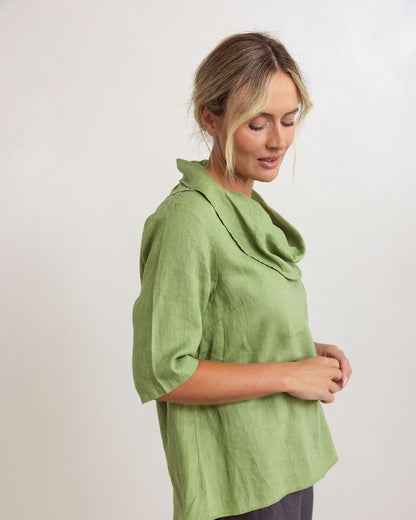 SS330 Linen Short Sleeve Cowl Neck Top