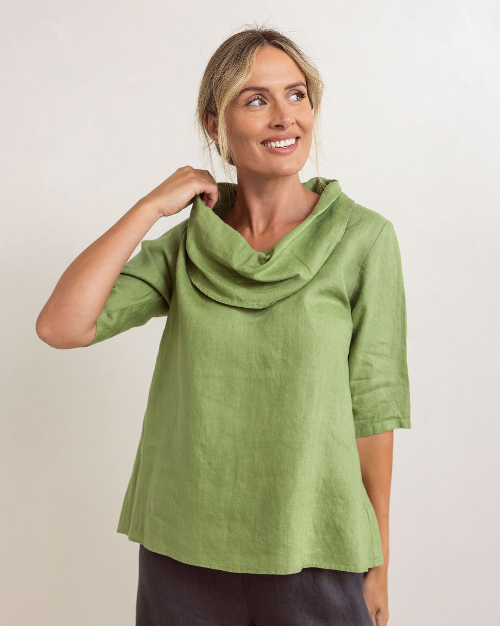 SS330 Linen Short Sleeve Cowl Neck Top