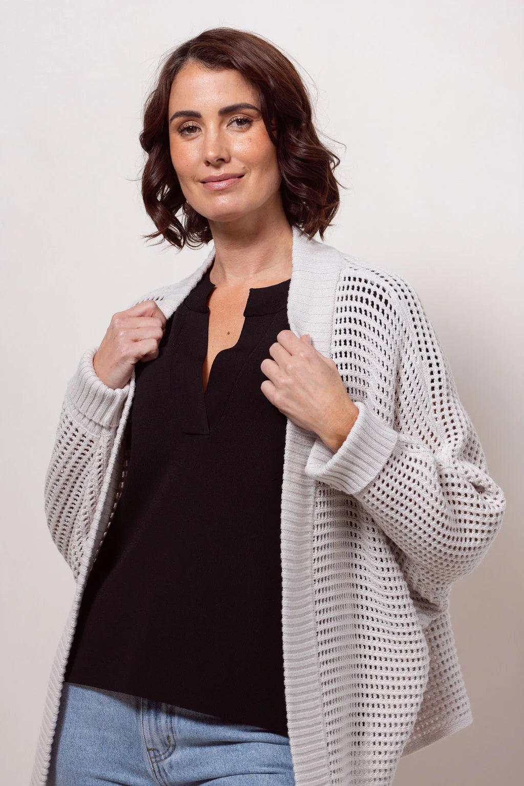 Cotton/Acrylic Open Stitch Shrug Stone See Saw