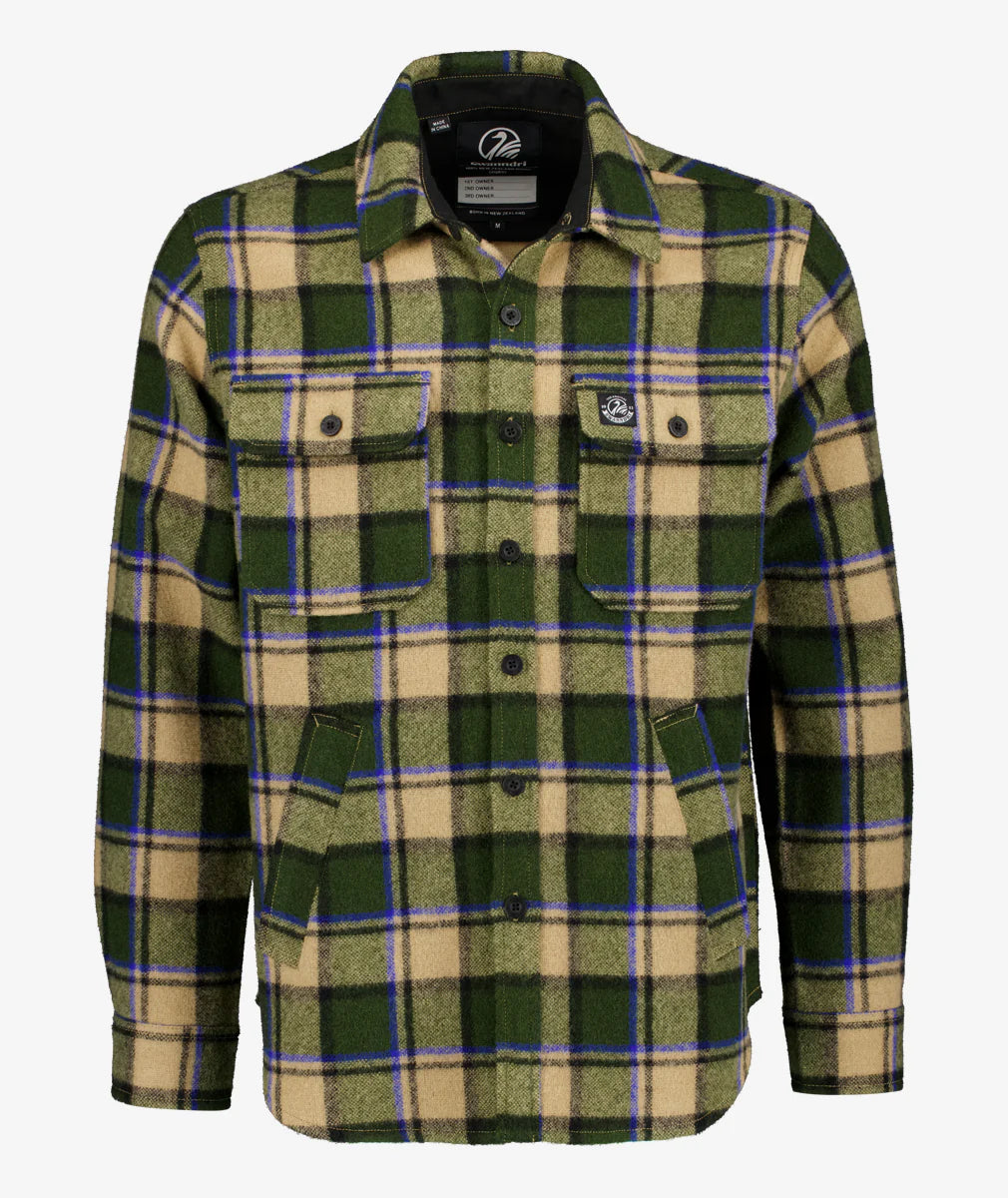 Green and beige plaid shirt on a white background