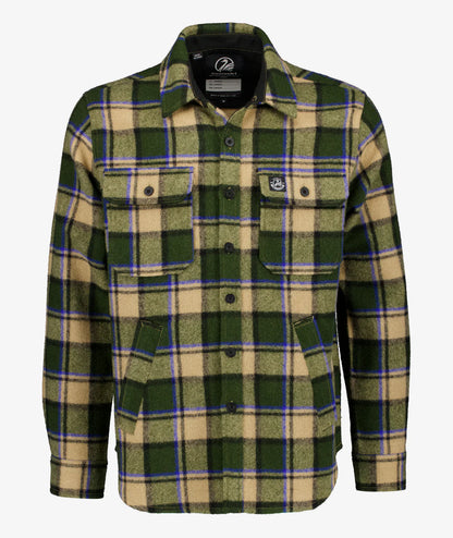 Green and beige plaid shirt on a white background