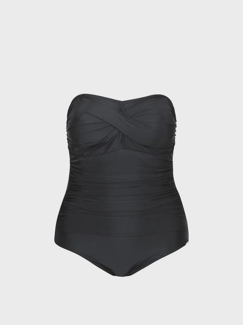 Black Twist Front Bandeau One Piece Swimsuit